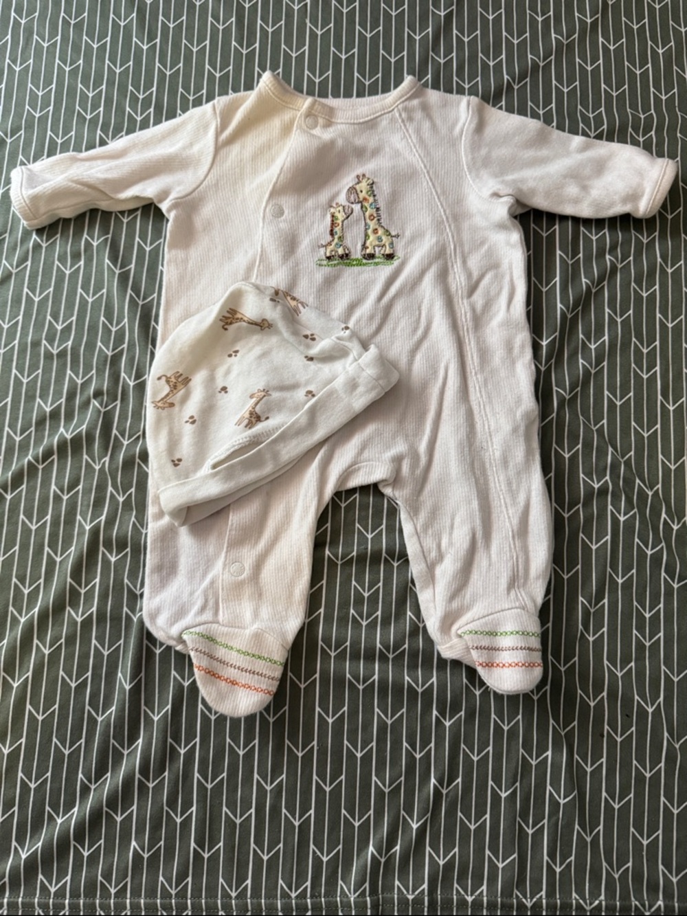 Little Me Cream Footed One-Piece with Giraffe Embroidery and Matching Hat Set